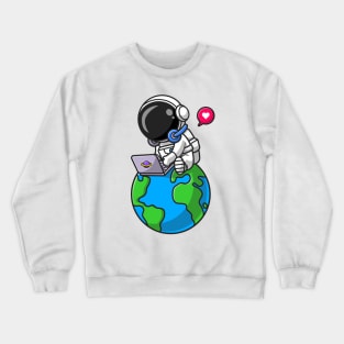 Cute Astronaut Working With Laptop On Earth Cartoon Crewneck Sweatshirt